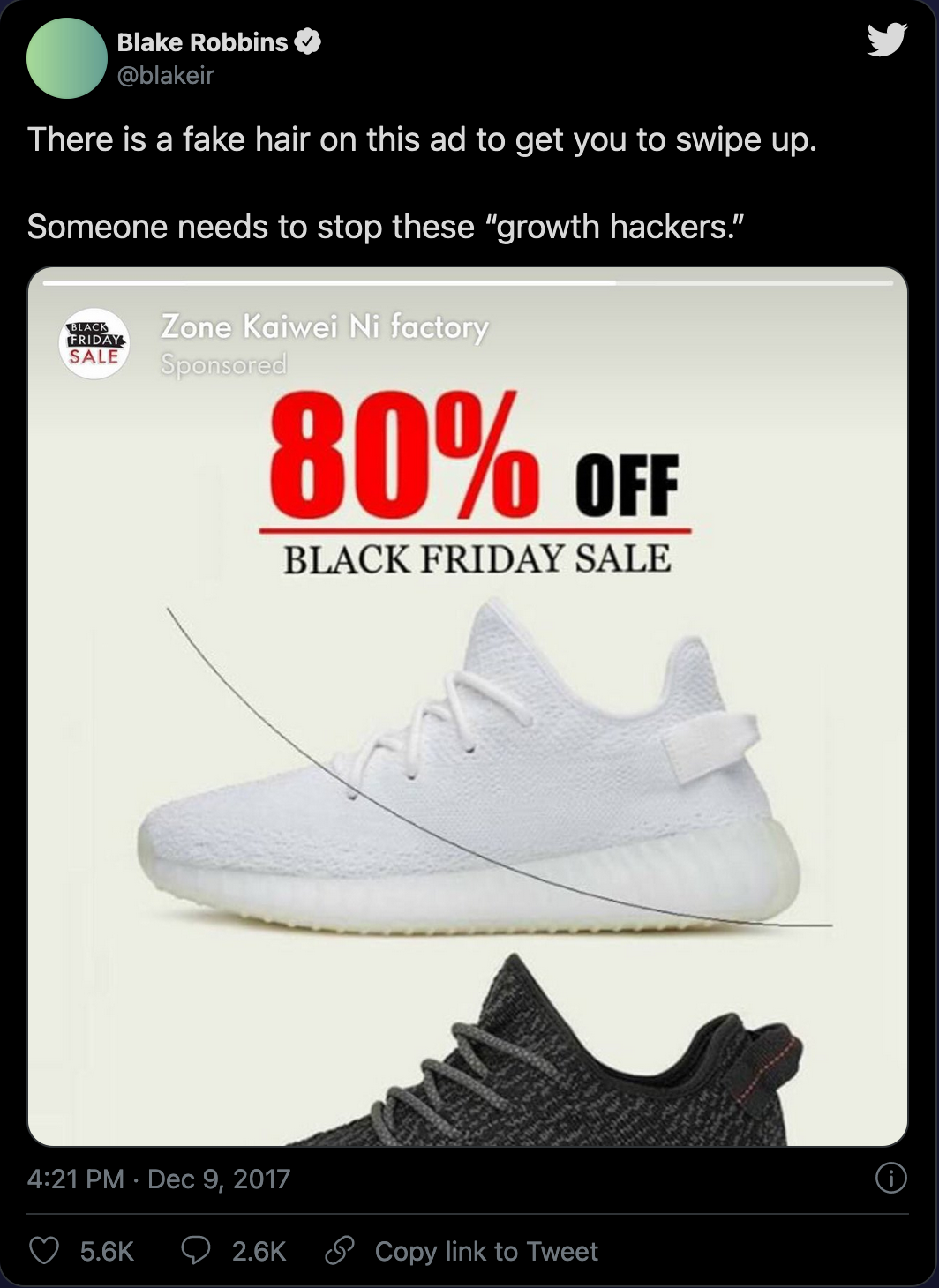 A tweet showing a fake hair photoshopped onto a sneaker advertisement.